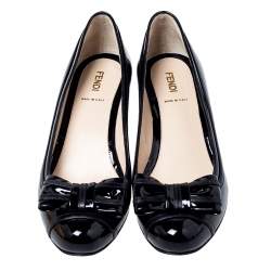 Pre Owned Fendi Black Patent Leather Bow Detail Wedge Pumps Size 38.5 
