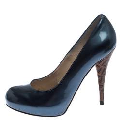 Fendi Blue Patent Leather Zucca Heel Platform Pumps Size 39