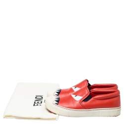 Pre Owned Fendi Red Leather Bag Bugs Slip On Sneakers Size 37