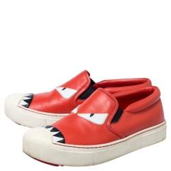 Pre Owned Fendi Red Leather Bag Bugs Slip On Sneakers Size 37