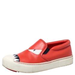 Pre Owned Fendi Red Leather Bag Bugs Slip On Sneakers Size 37
