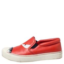 Pre Owned Fendi Red Leather Bag Bugs Slip On Sneakers Size 37