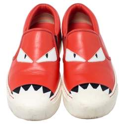 Pre Owned Fendi Red Leather Bag Bugs Slip On Sneakers Size 37