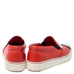 Pre Owned Fendi Red Leather Bag Bugs Slip On Sneakers Size 37