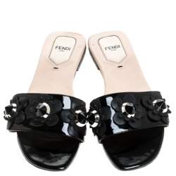 Pre Owned Fendi Black Patent  Leather Flower Stud Slides Size 37