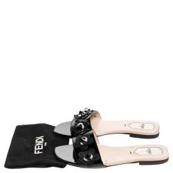 Pre Owned Fendi Black Patent  Leather Flower Stud Slides Size 37