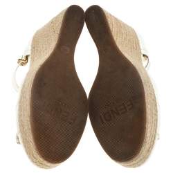 Pre Owned Fendi White Patent Leather Wedges Espadrille Ankle Strap Platform Sandals Size 38