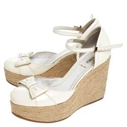 Pre Owned Fendi White Patent Leather Wedges Espadrille Ankle Strap Platform Sandals Size 38