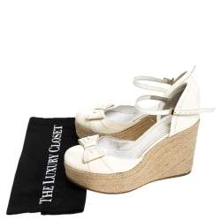 Pre Owned Fendi White Patent Leather Wedges Espadrille Ankle Strap Platform Sandals Size 38