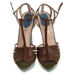Pre Owned Fendi Brown Leather T Strap Platform Sandals Size 38