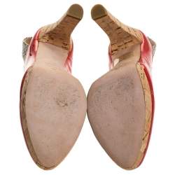 Pre Owned Fendi Orange Patent Leather Cork Platform Slingback Sandals Size 36.5