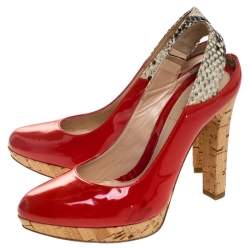 Pre Owned Fendi Orange Patent Leather Cork Platform Slingback Sandals Size 36.5