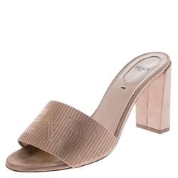 Pre Owned Fendi Beige Satin Logo Embroidered Block Heel Slides Size 38