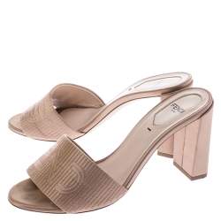 Pre Owned Fendi Beige Satin Logo Embroidered Block Heel Slides Size 38