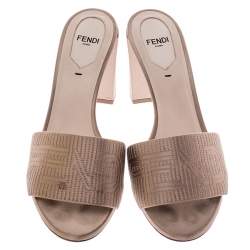 Pre Owned Fendi Beige Satin Logo Embroidered Block Heel Slides Size 38