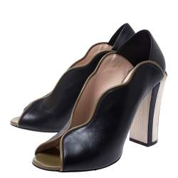 Pre Owned Fendi Black/Olive Green Wave Leather Foldable Heel Peep Toe Pumps Size 38