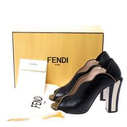 Pre Owned Fendi Black/Olive Green Wave Leather Foldable Heel Peep Toe Pumps Size 38