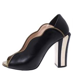 Pre Owned Fendi Black/Olive Green Wave Leather Foldable Heel Peep Toe Pumps Size 38