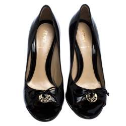 Pre Owned Fendi Black Patent Leather Bow Peep Toe Pumps Size 36