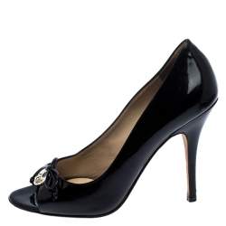 Pre Owned Fendi Black Patent Leather Bow Peep Toe Pumps Size 36