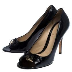 Pre Owned Fendi Black Patent Leather Bow Peep Toe Pumps Size 36
