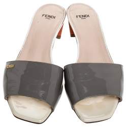 Pre Owned Fendi Grey Patent Leather Slide Sandals Size 37.5