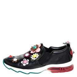 Pre Owned Fendi Black Leather Flowerland Fast Slip On Sneakers Size 40