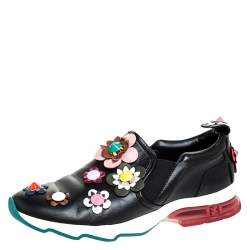 Pre Owned Fendi Black Leather Flowerland Fast Slip On Sneakers Size 40