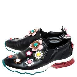 Pre Owned Fendi Black Leather Flowerland Fast Slip On Sneakers Size 40