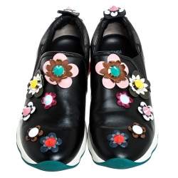 Pre Owned Fendi Black Leather Flowerland Fast Slip On Sneakers Size 40