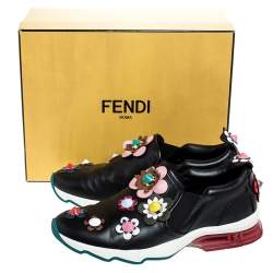 Pre Owned Fendi Black Leather Flowerland Fast Slip On Sneakers Size 40