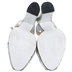Fendi Metallic Silver Leather T-Bar Platform Block Heel Sandals Size 38
