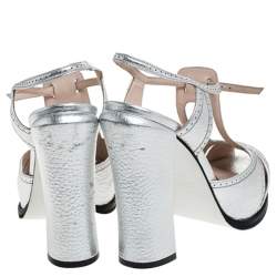 Fendi Metallic Silver Leather T-Bar Platform Block Heel Sandals Size 38