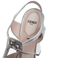 Fendi Metallic Silver Leather T-Bar Platform Block Heel Sandals Size 38