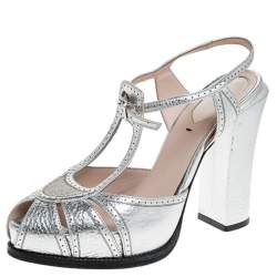 Fendi Metallic Silver Leather T-Bar Platform Block Heel Sandals Size 38