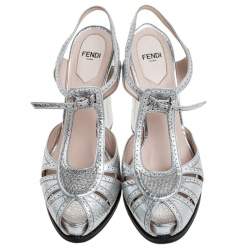 Fendi Metallic Silver Leather T-Bar Platform Block Heel Sandals Size 38