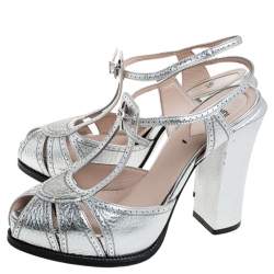 Fendi Metallic Silver Leather T-Bar Platform Block Heel Sandals Size 38