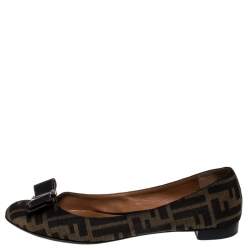 Pre Owned Fendi Brown Zucca Canvas Bow Detail Ballet Flats Size 39