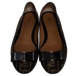Pre Owned Fendi Brown Zucca Canvas Bow Detail Ballet Flats Size 39