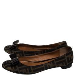 Pre Owned Fendi Brown Zucca Canvas Bow Detail Ballet Flats Size 39