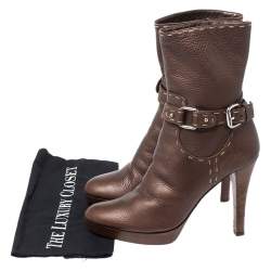 Pre Owned Fendi Bronze Whip Stitch Leather Buckle Ankle Boots Size 39.5