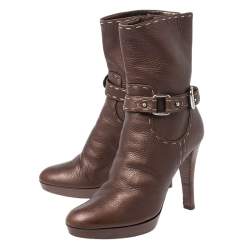 Pre Owned Fendi Bronze Whip Stitch Leather Buckle Ankle Boots Size 39.5