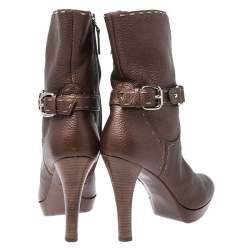 Pre Owned Fendi Bronze Whip Stitch Leather Buckle Ankle Boots Size 39.5