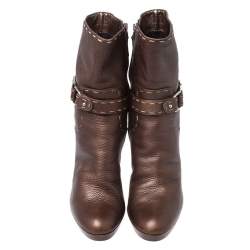 Pre Owned Fendi Bronze Whip Stitch Leather Buckle Ankle Boots Size 39.5