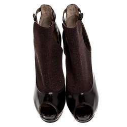 Pre Owned Fendi Dark Burgundy Glitter and Leather Peep Toe Platform Booties Size 39