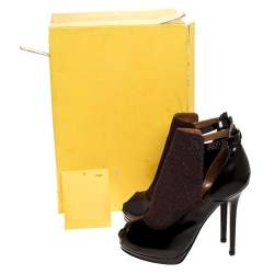 Pre Owned Fendi Dark Burgundy Glitter and Leather Peep Toe Platform Booties Size 39