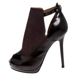 Pre Owned Fendi Dark Burgundy Glitter and Leather Peep Toe Platform Booties Size 39