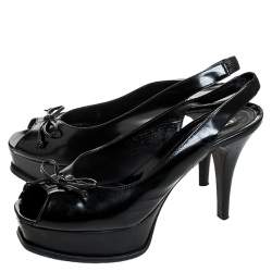 Pre Owned Fendi Black Leather Bow Peep Toe Slingback Platform Sandals Size 39