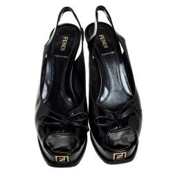 Pre Owned Fendi Black Leather Bow Peep Toe Slingback Platform Sandals Size 39