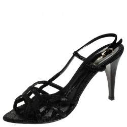 Pre Owned Fendi Black Strappy Textured Leather Ankle Strap Sandals Size 39